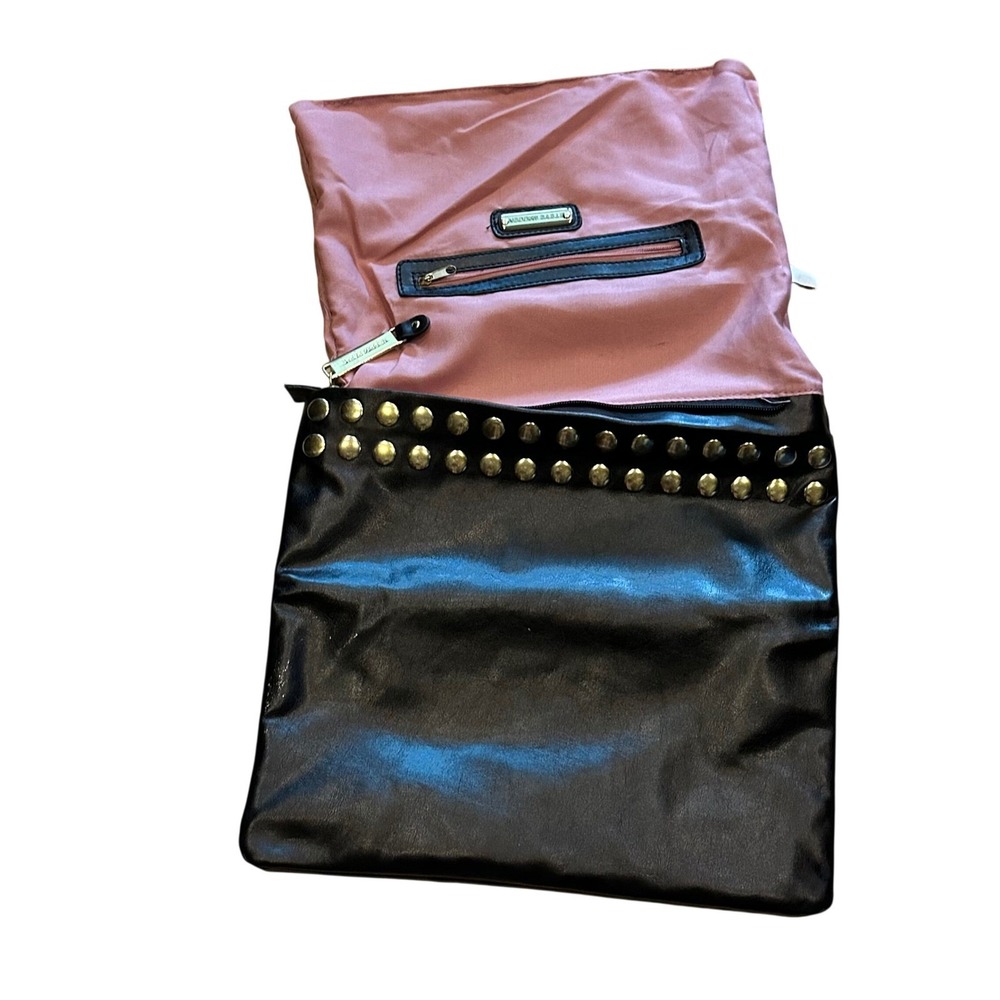 Steve Madden Black Faux Leather Studded Foldover Clutch Bag 13x7.5 Gold Hardware - Picture 7 of 9